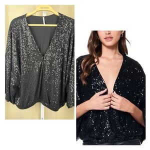 YFB Young Fabulous & Broke Black Bat Wing Sequin Top V Neck Long Sleeve Small